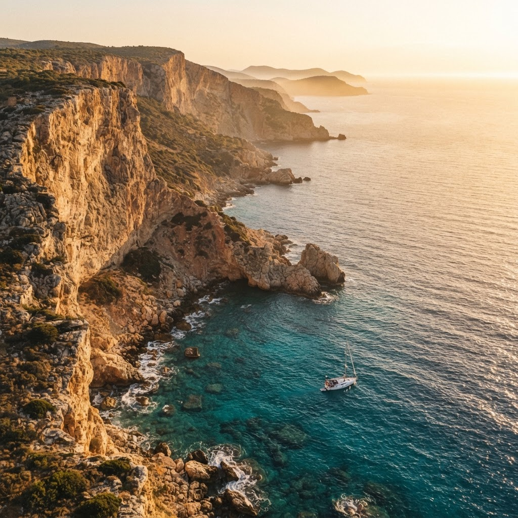 Aerial view of a Mediterranean coastline at golden hour